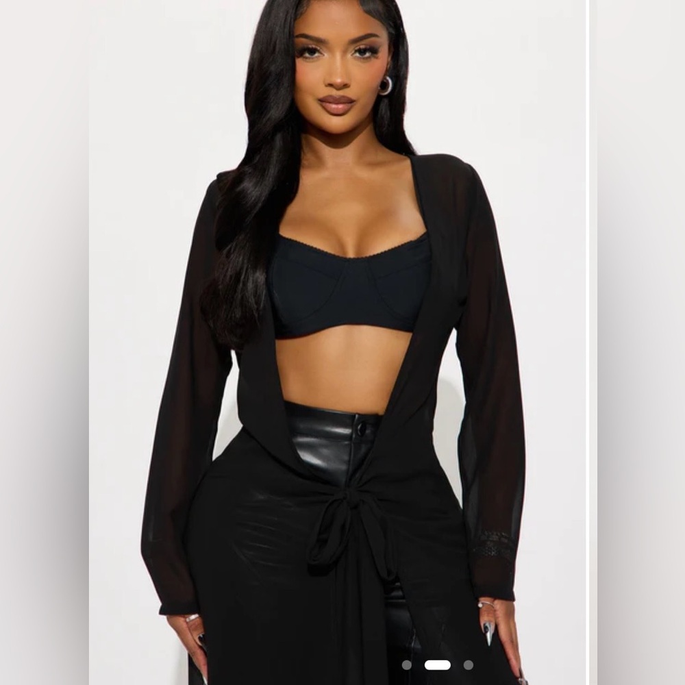 Two Piece Black Bra and Sheer Tie-Front Chiffon Kimono Set